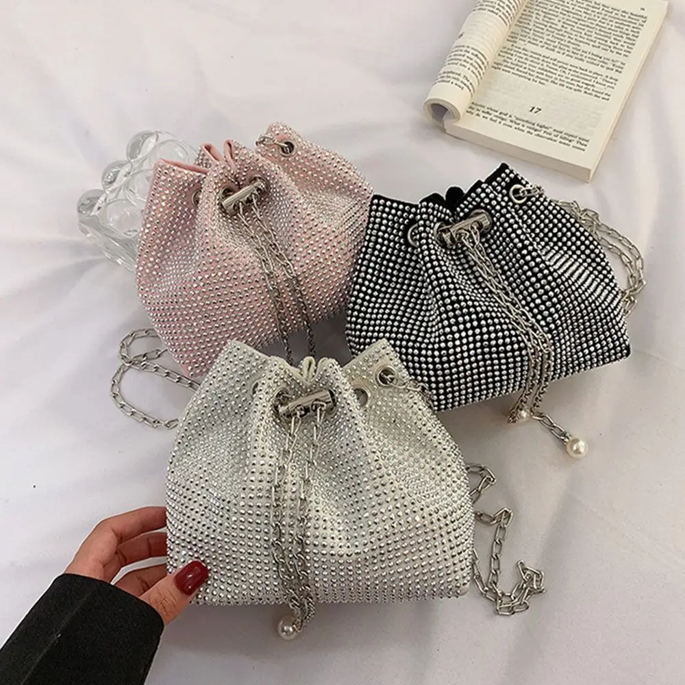 

Ladies Rhinestone Bucket Shape Crossbody Bags Evening Party Clutches Storage Totes Shining Shoulder Bags Chain Handbags