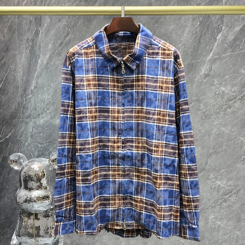 

High Quality Plaid Contrast Long Sleeve Shirt For Men Casual Shirt Fall Stitching Lapel Zipper Shirt Flannel Streetwear Chemise