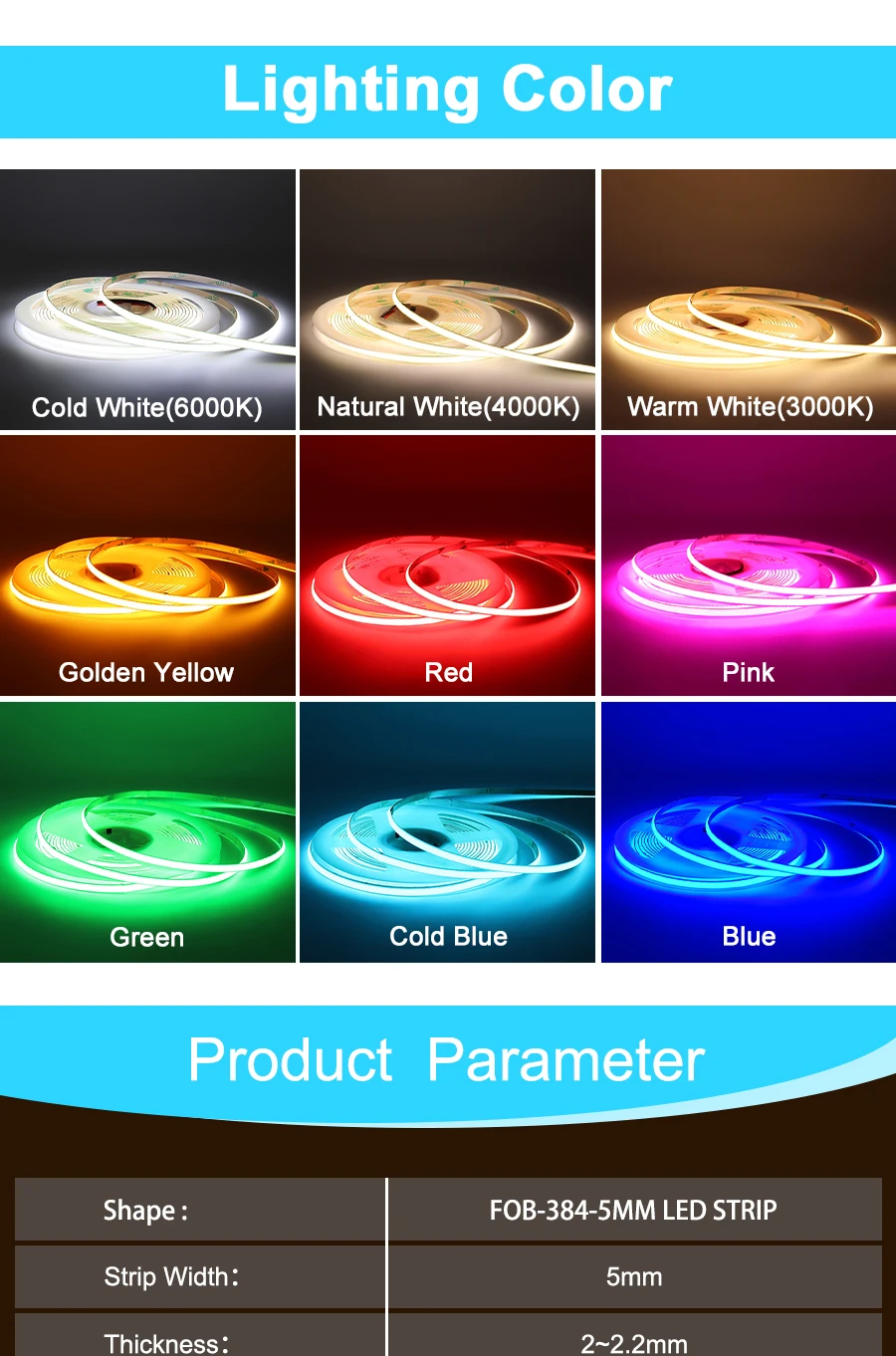 5M LED Strip Light 12V 24V COB LED Strip High Density Flexible Dimmable LED Tape S1f188eaeeed947f68ee7f882d502007aw