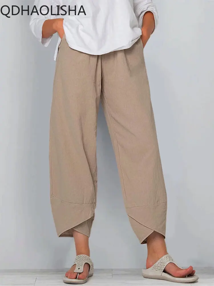 헐렁한 바지 여성 한국어 패션 탄성 허리 코튼 느슨한 캐주얼 발목 바지 streetwear 높은 허리 여름 여성 바지