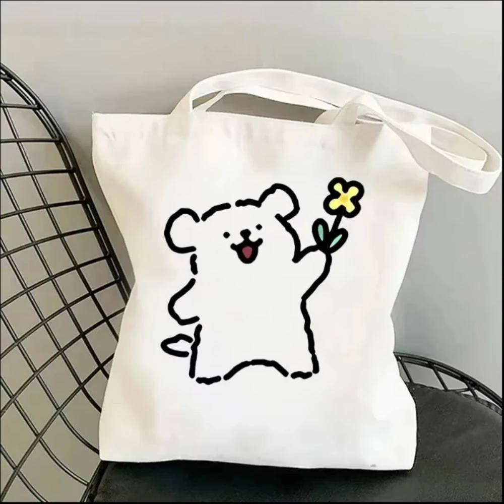 1 Stück Cartoon Weißer Stabfigur-Welpen-Leinwand-Shopper, wiederverwendbare, umweltfreundliche Einkaufstasche, geräumige Tasche für den täglichen Gebrauch, Geschenk – Detail 6