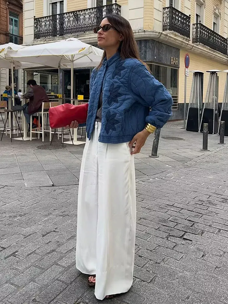 HH Women Fashion Floral Embroidery Quilted Coats Single Breasted Long Sleeve Jacket Autumn Loose Casual Maternity Outfit Top