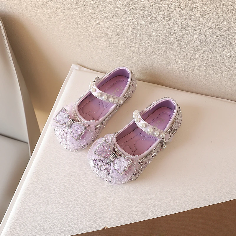 Girls Mary Janes for Party Wedding Shows Bow Sequined Rhinestones Shallow Children Fashion Versatile Soft Kids Casual Shoes 2024 3