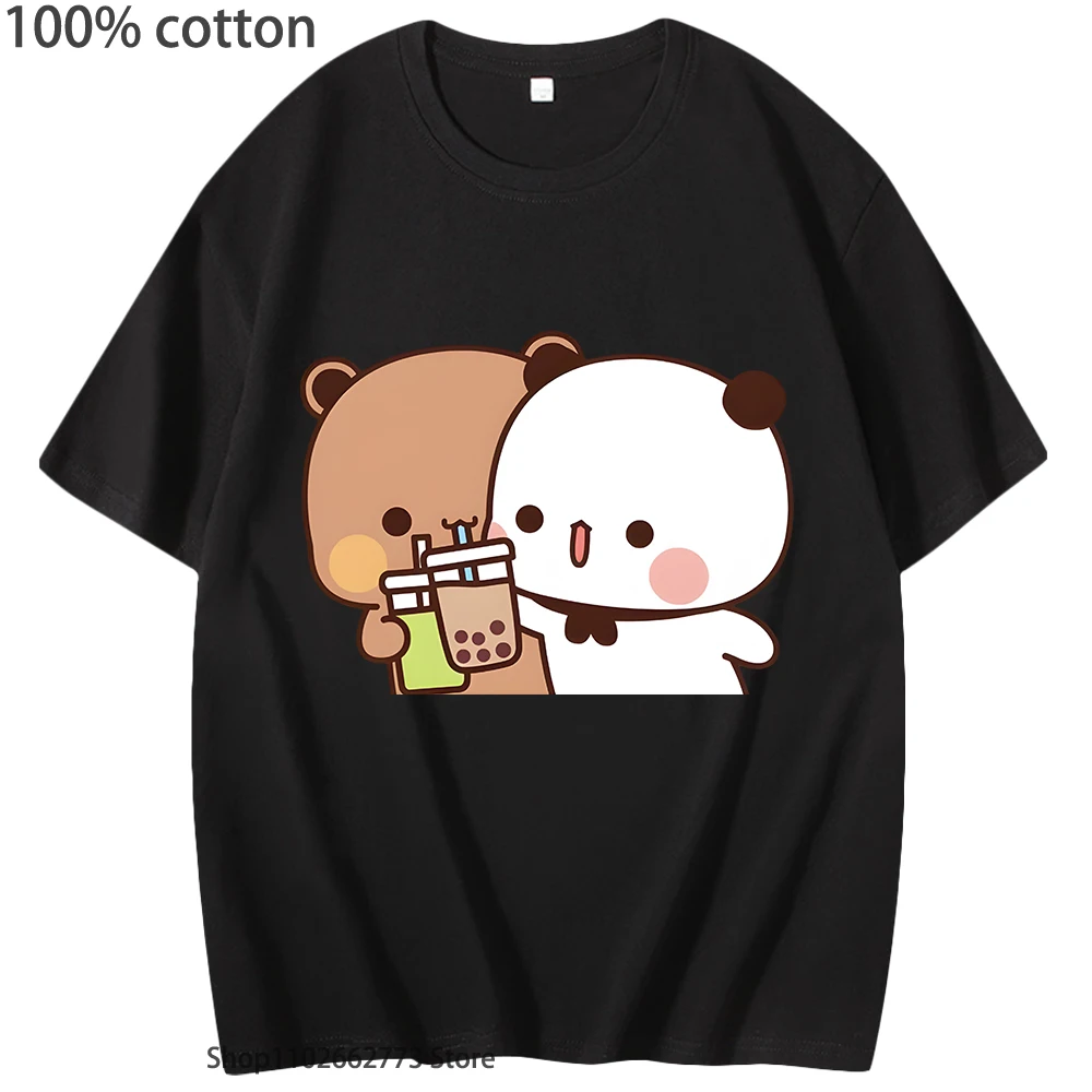 

BuBu Sharing Drink with Her Love DuDu Shirt Kawaii Panda Bear Tshirts Short Sleeve T-Shirts Women Clothing 100% Cotton Men Tee
