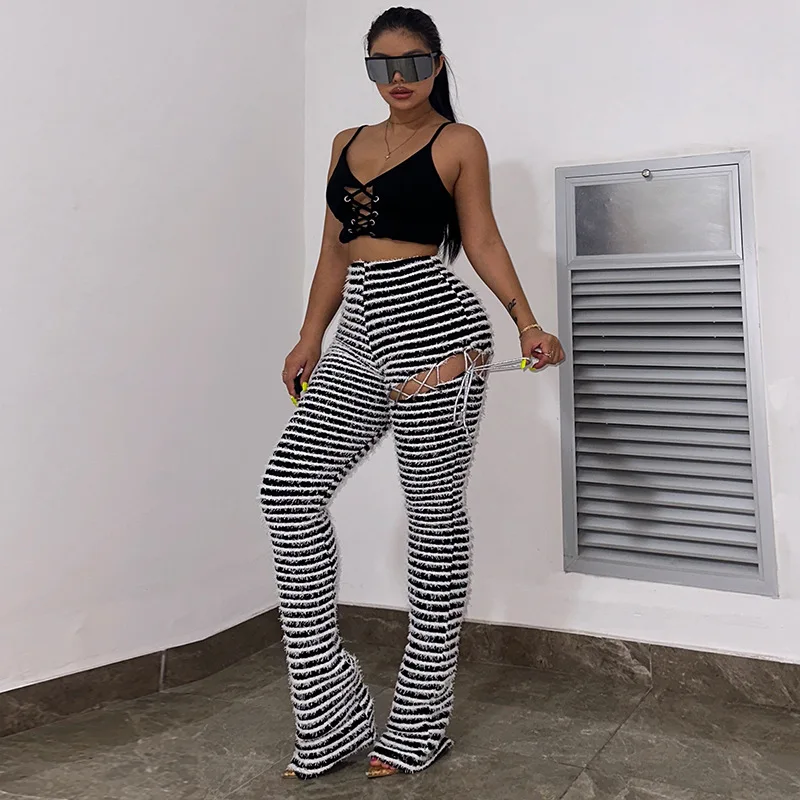 

Sexy Striped Knit Stacked Pants Detachable Cut Out Lace Up One Leg Hot Pants Y2k Streetwear Sweatpants Girls