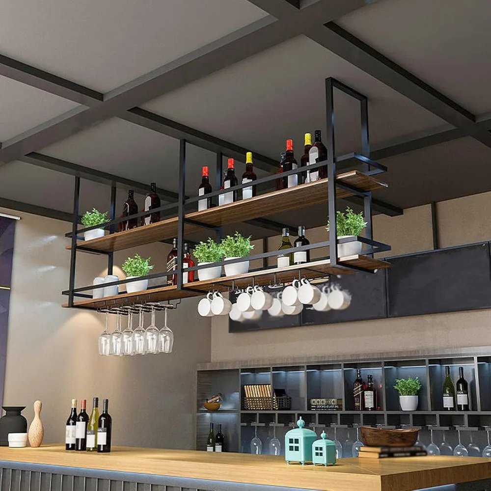 Ceiling Wine Glass Rack - 55.1in Hanging Wine Rack with Glass Holder and Shelf, 2 Layer Industrial Hanging Wine Bottle Holder 6