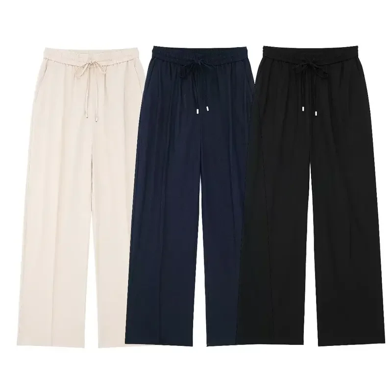 

ASDS Women 2024 New Chic Fashion Side Pockets flax Loose Wide Leg Pants Vintage High Elastic Waist Drawstringtrousers Female