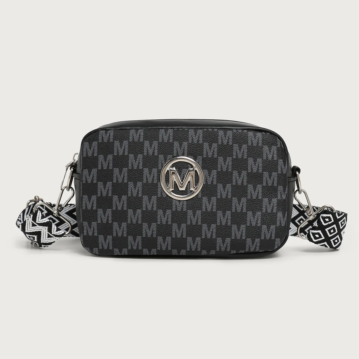 Retro M Pattern Design Female Crossbody Bag, Stylish Ladies Shoulder Bag, Wide Strap Phone Coin Purse for Women Work Party Date