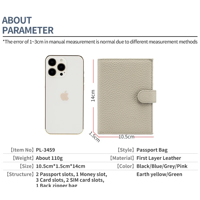 Genuine Cow Leather Passport Holder Travel Wallet with Zipper Pocket Card Holder RFID Blocking Bifold Wallet for Men and Women