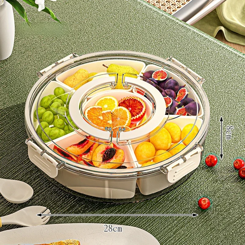 Six Point Rotating Fruit Tray with Handle Sealed Moisture-proof Dried Fruit Tray Portable Household Circular Snack Box with Lid fruit plate wooden serving tray snack dish plastic serving tray
