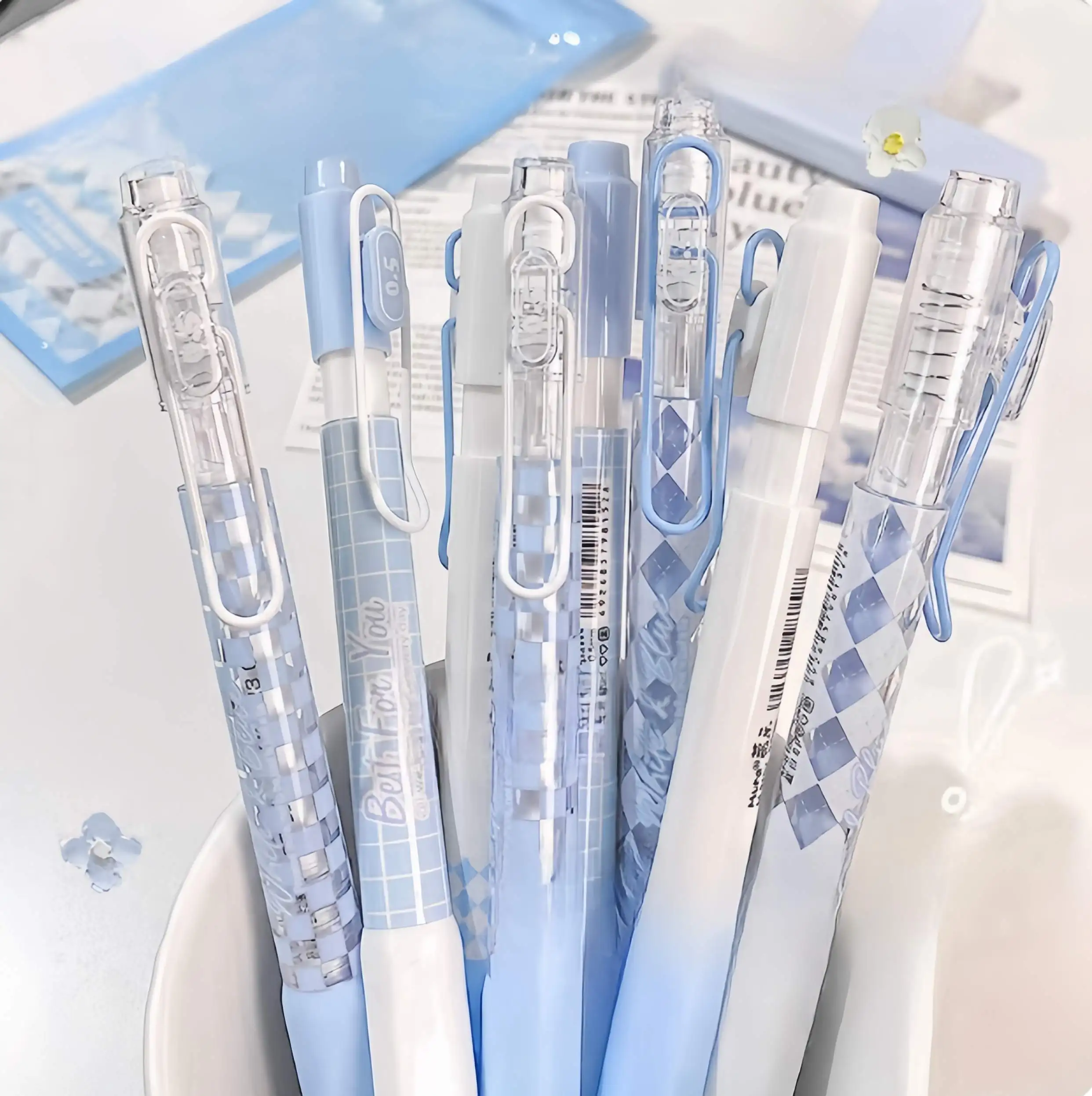 4 blue and white neutral pens, fast drying, smooth writing, suitable for students to write daily office work - 4