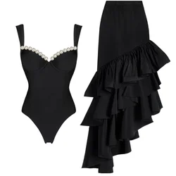 Artificial Pearl Decor Black Bikini One Piece Swimsuit and Skirt Summer Swimwear Women Beachwear