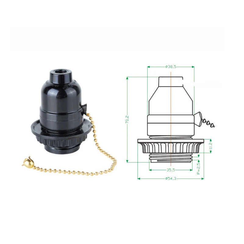 E26 Pull Chain Bakelite Threaded Lamp Socket E27 Light Bulb Socket Adapter Black 1pcs