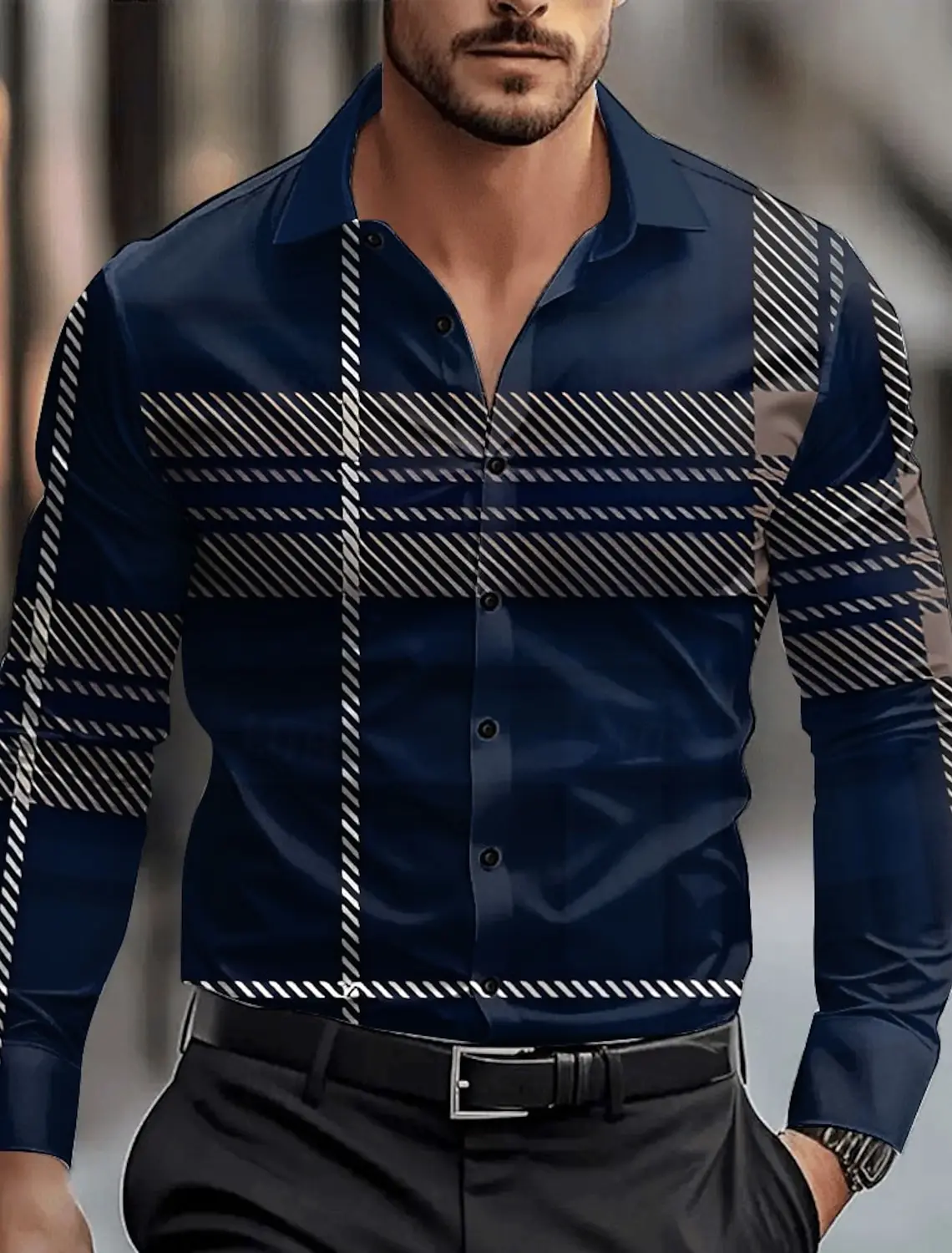 thumbnail image 1 of Camisa de vestir informal de negocios con diseño geométrico para hombre, camisa abotonada de manga larga, ropa de trabajo para uso diario, cuello de camisa para otoño e invierno, ropa con estampado 3D, 1 of 4