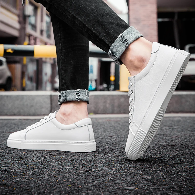 Handmade Black Leather Casual Sneakers - Mens Autumn Flats