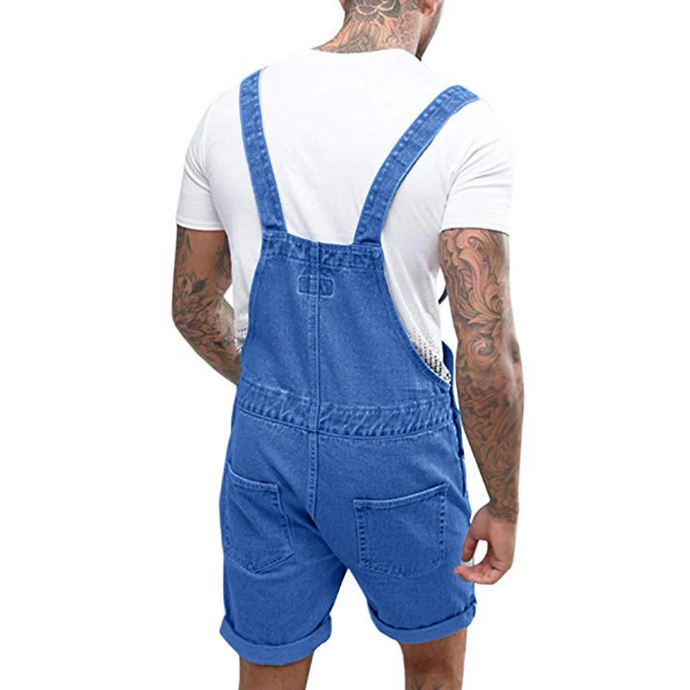 Men's Vintage Jeans Overalls Solid Color Elastic Denim Jumpsuit With Pockets Men Summer Casual Button Suspenders Short Pants men jeans denim pants