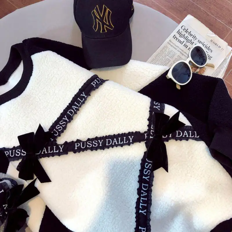 Autumn And Winter Fashionable Splicing Letters Warm Cashmere Women's Pullover Hoodie Korean Loose Casual Coat Sweatshirt Clothes