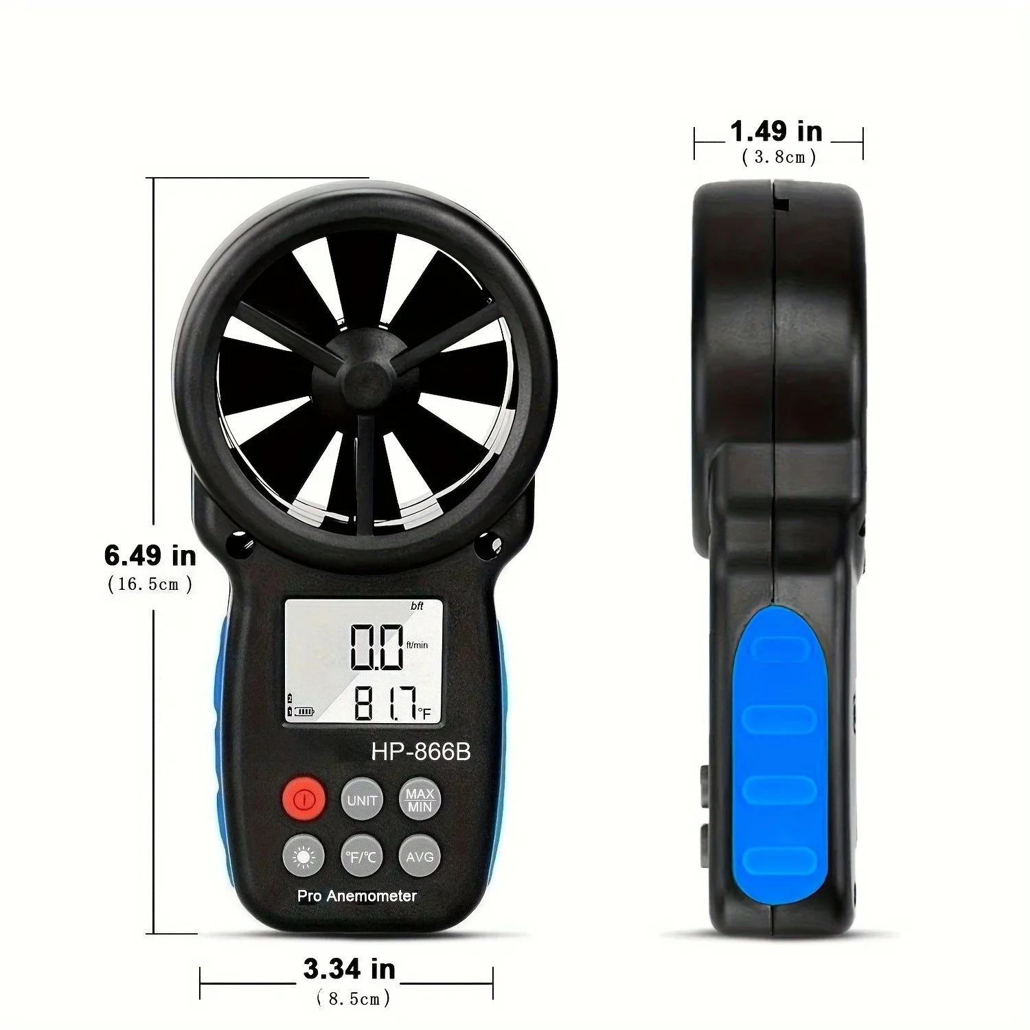 HP-866B 디지털 풍속계 백라이트 최대/최소 디스플레이를 갖춘 정확한 풍속 온도 및 냉각도 측정 미끄럼 방지 그립