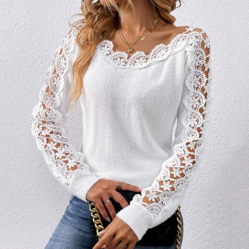

Breathable Women Top Lightweight Breathable T-shirt Women's Patchwork Color Pullover Tops O-neck Hollow Lace Splicing Loose Fit