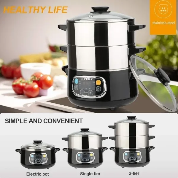 Secura Electric Food Steamer, Vegetable Double Tiered Stackable Baskets with Timer 1200W Fast Heating Stainless Steel 2