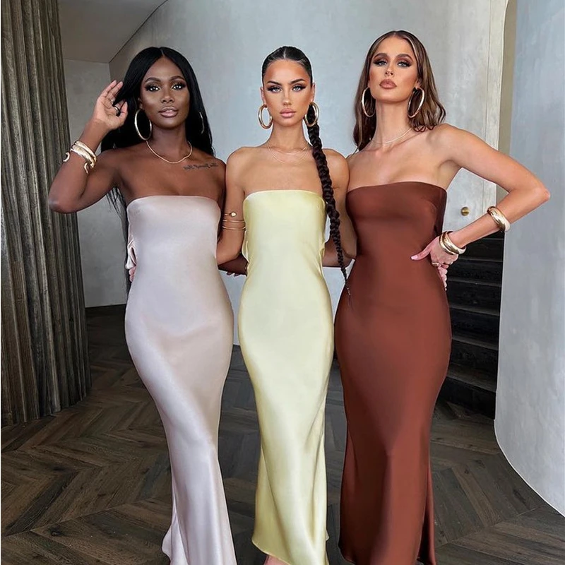 

Long Dress Vestido Satin Backless Maxi Dress for Women Gown Fashion Strapless Sleeveless Bodycon Night Club Party Prom Vestidos