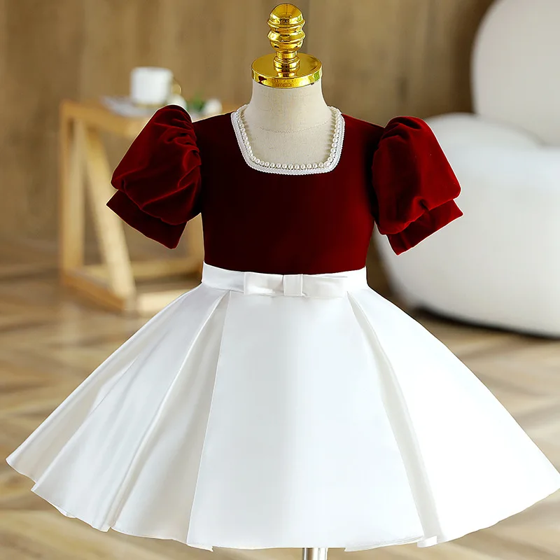 

High-end Girls' Dress Fashion Red Velvet Birthday Princess tutu Dress summer new Beading children' clothing baby wedding dress