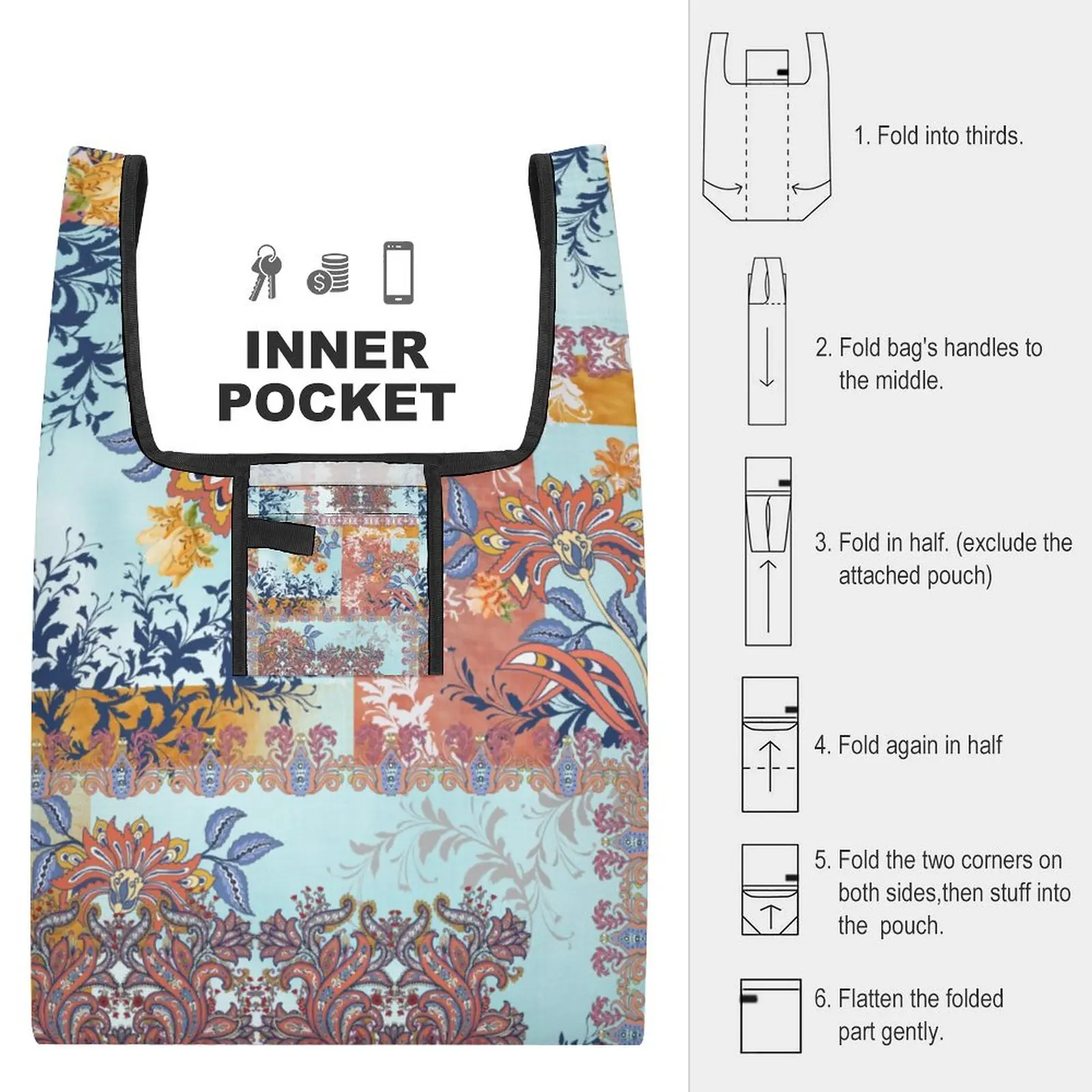 Customized Printed Collapsible Shopping Bag Double Strap Handbag Ethnic Exoticism Tote Casual Floral Pouch Bags Custom Pattern