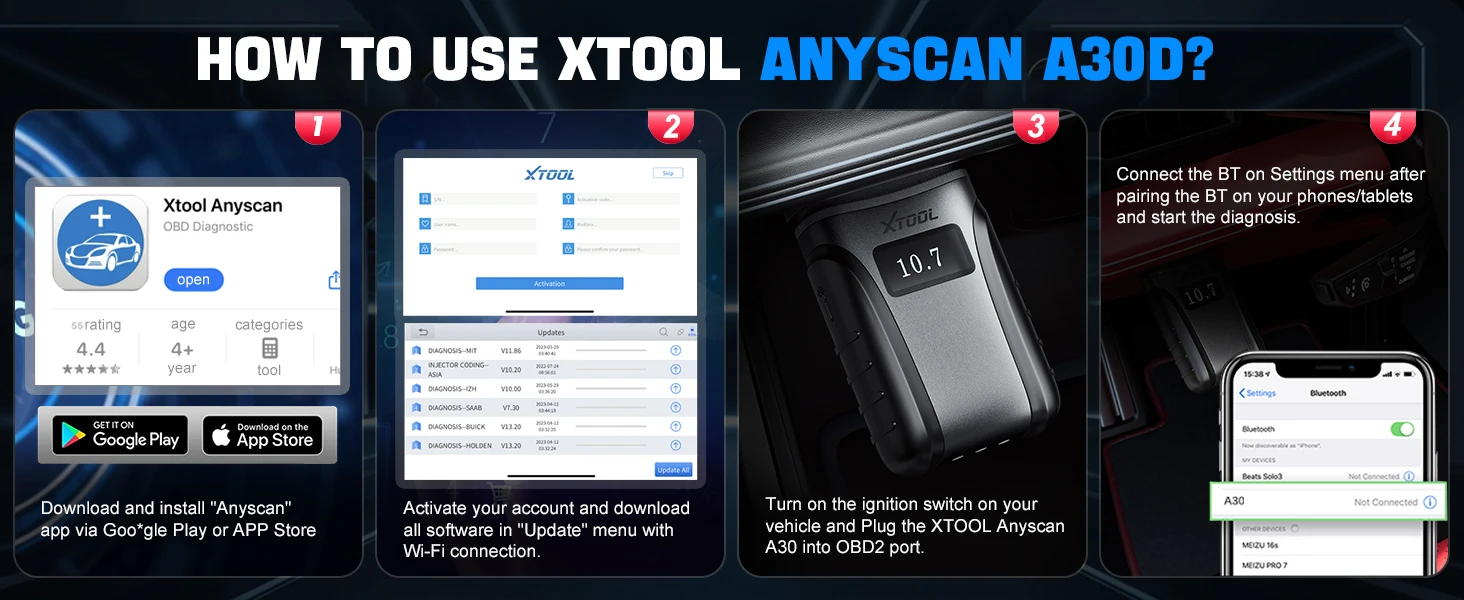 Xtool A30D Obd2 Auto Diagnostic Scan 19 Special Functions