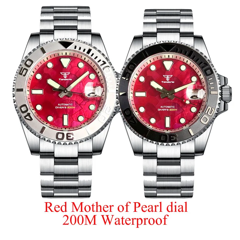 20ATM Diving Tandorio 40mm Red Mother of Pearl Dial Sapphire Glass Japan NH35A Automatic Men Watch Date Roating Bezel Luminous