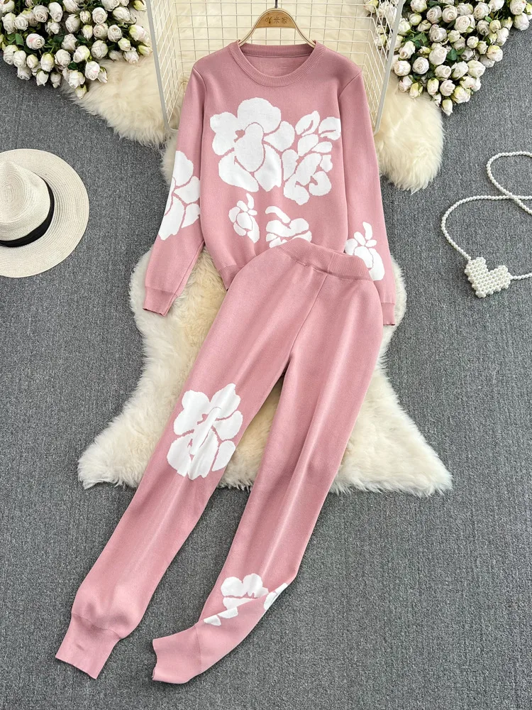 

Fashion Casual Thicken Knitted Suits Women's Retro Temperament Loose Round Neck Jacquard Knit Sweater And Pants 2 Piece Sets