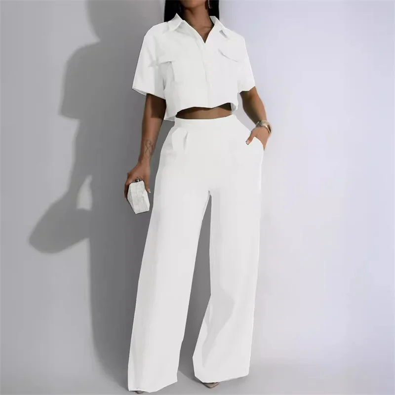 Solid Elegant Pant Sets Womens 2 Piece Outfit Summer 2024 Turn-down Collar Button Up Pockets Shirt Top and Wide Leg Pants Suit - Image 5