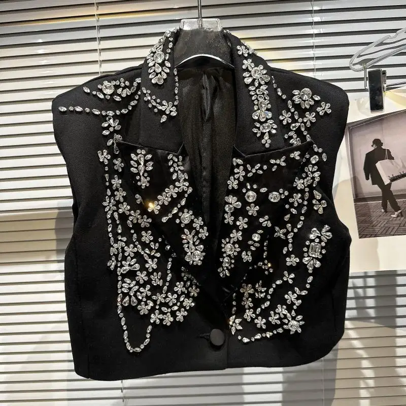 

Diamonds Short Vest For Women Lapel Sleeveless Single Button Solid Loose Coats Female Style 2023 Spring Summer Fashion New Top