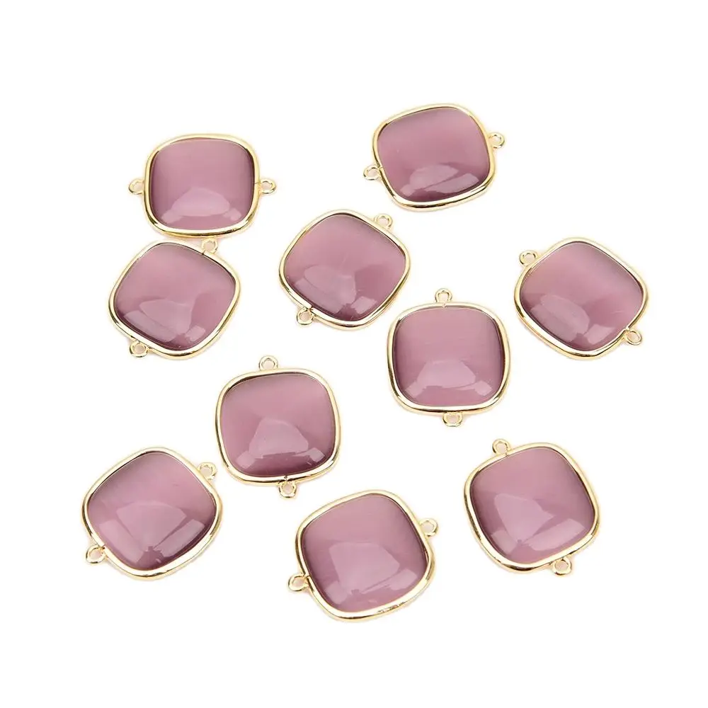 

APDGG Wholesale 10 Pcs 20mm Purple Cat eye Crystal Yellow Gold Plated Edge Square Gems Connector Double Ring Jewelry Finding