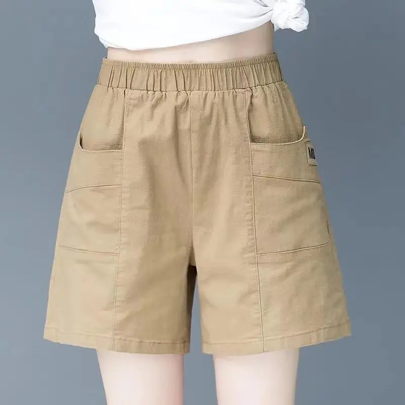 Minimali Commute Summer Thin Cotton Elastic Pants Women's Solid Spliced Pockets Epaulet Loose Straight Casual High Waist Shorts