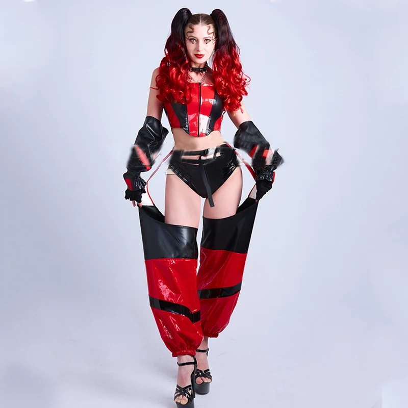 

Black Red Patent Leather Splicing Suit Pole Hollow Pants Nightclub Dj Ds Party Rave Outfit Women Gogo Dance Costumes XS6031