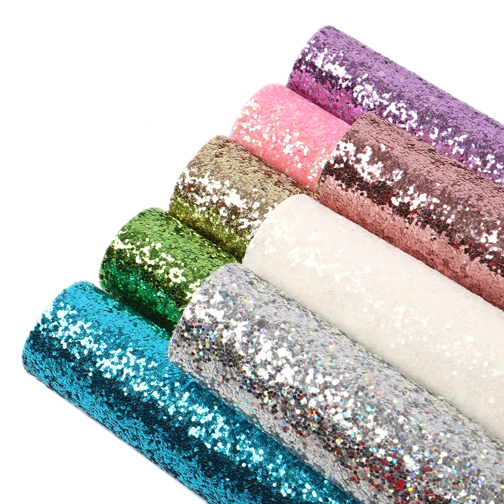 Leather Fabric Vinyl Sewing Fabric Vinyl Fabric 8pcs A5 Solid Color Chunky Glitter Faux Synthetic Leather Leatherette Vinyl Sheets Fabric Set DIY Earrings Bows Projects 15x21cm