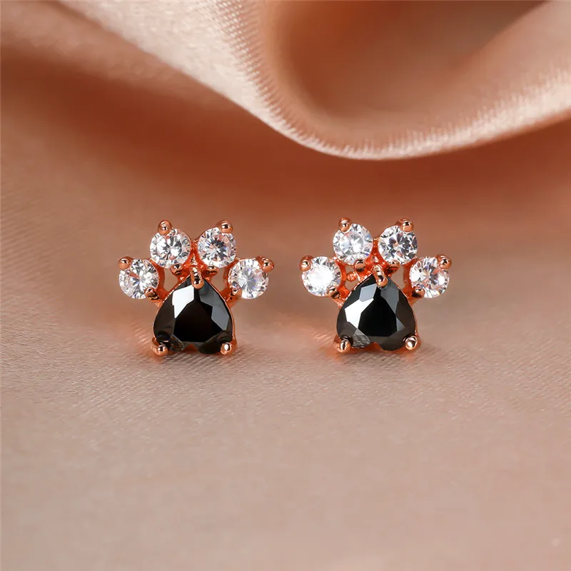 Fashion Female Small Black Crystal Zircon Stud Earrings Paw Claw Heart Wedding Jewelry For Women