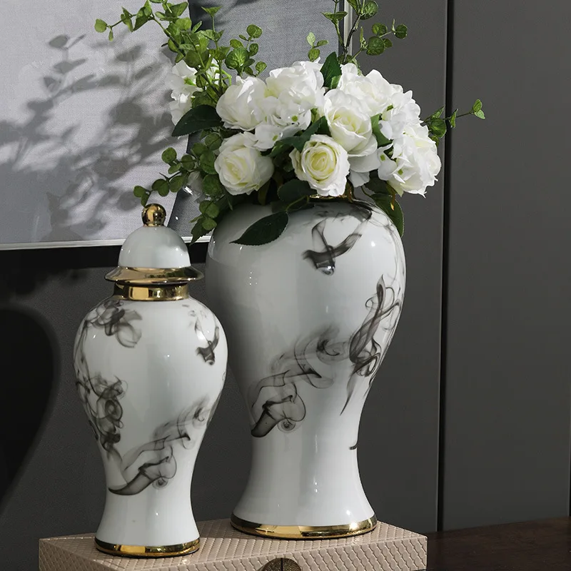 Golden high Flower vase Ceramic jar Chinese living room decorations and ornaments Ink painting general jar Ceramic storage jars 3