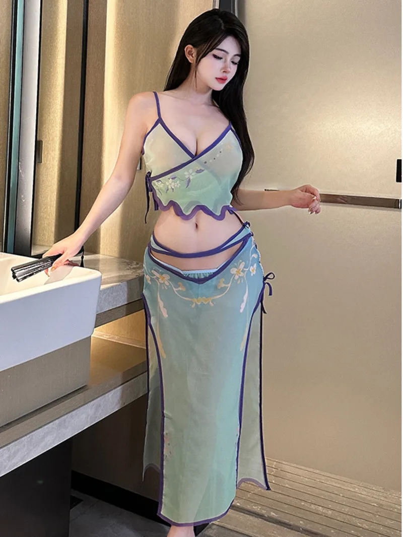 

Пикантная ночная рубашка с разрезом, чистый desire Hanfu, страстная Соблазнительная форма, китайская мода, комплект из двух предметов с юбкой JVV8
