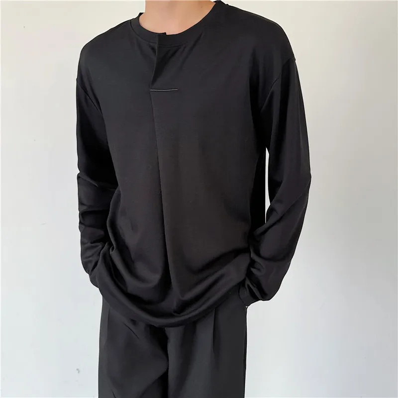 2024 Men's Spring Autumn Wear Irregular Pleated Long-Sleeved T-shirt Men's Asymmetric Sweatshirts Base Shirt Trendy Men's Top