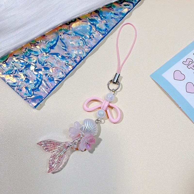 Sweet Mermaid Acrylic Phone Chains Cute Pearl Bowknot  Keychain Girls Women Car Bag Pendants Jewelry Accessories