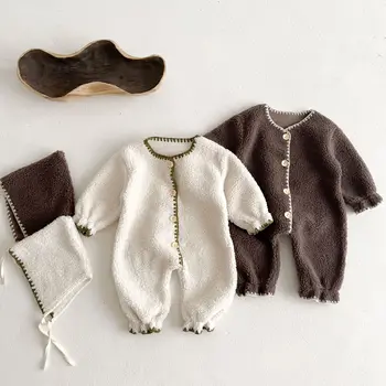Winter Fashion Baby Romper Lamb Wool Jumpsuit Hat Set for Boys Girls Loose Toddler Infant Rompers Plush Kids Clothing 0-3Years 1