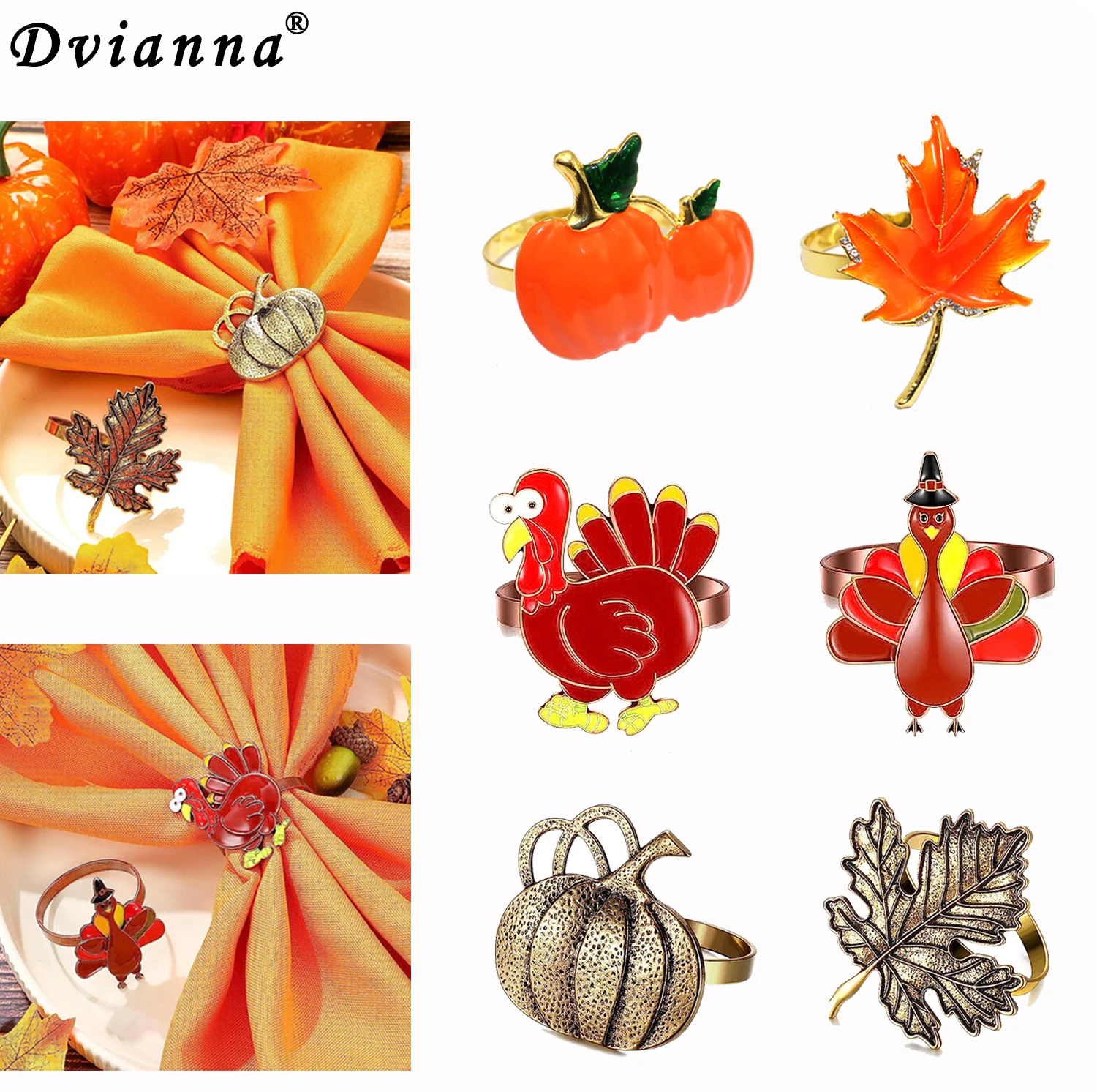 

6Pcs Thanksgiving Napkin Rings Halloween Pumpkin Maple Leaf Turkey Napkin Holders for Thanksgiving Halloween Table Decor HWH154