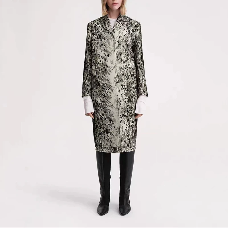 

Gray Abstract Printed Loose Medium Long Coat 2023 Autumn and Winter Temperament Elegant Long Sleeve Women's coat