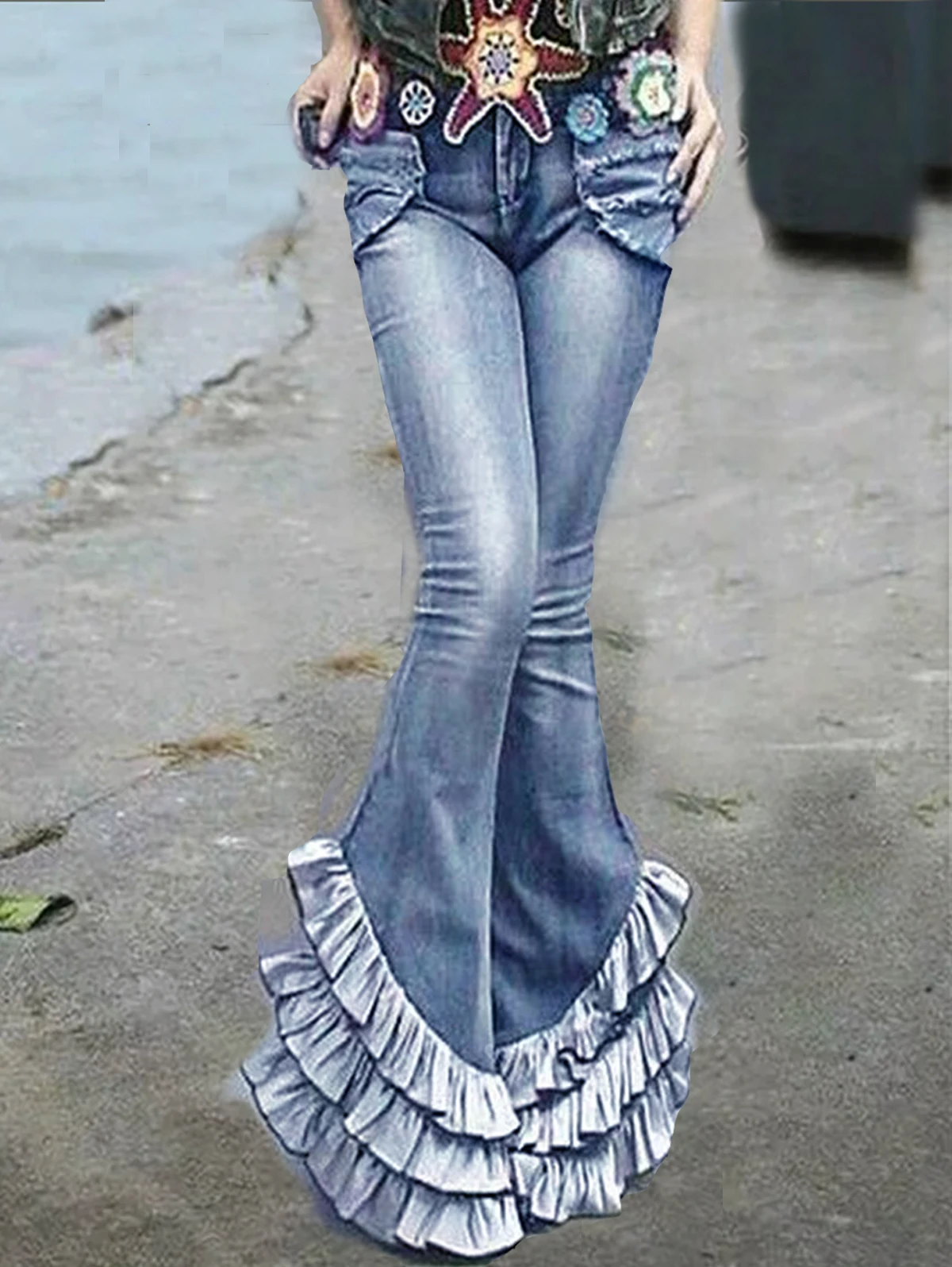 Retro Blue Spliced Pleated Mermaid Long Slim Fit Denim Pants for Women High Waist Floral Hem Skinny Jeans Trousers Fashion Pant