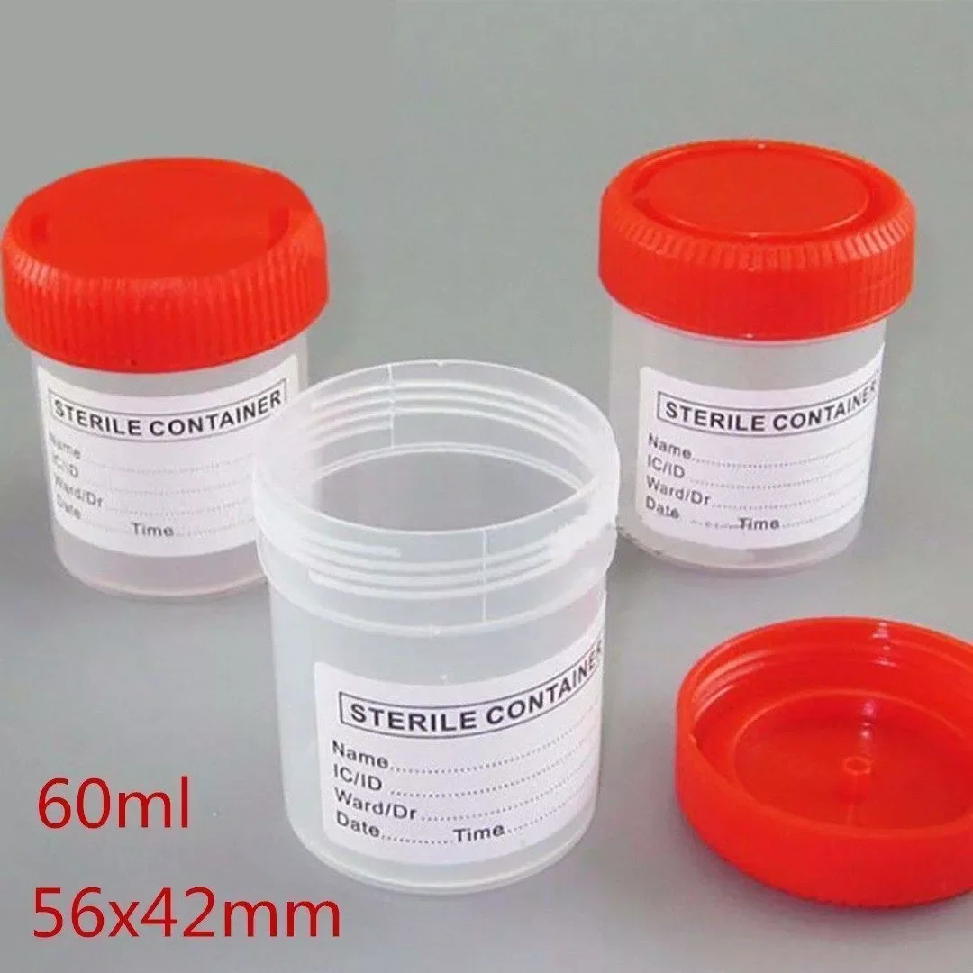 5pcs 60ML Urine Collection Specimen Bottle Sample Top Cup Pot Container Disposable Sampling Sputum Cup with Lid ,scale, Label