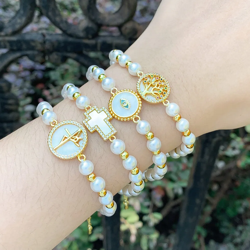 FLOLA White Shell Round Evil Eye Bracelets for Women Copper