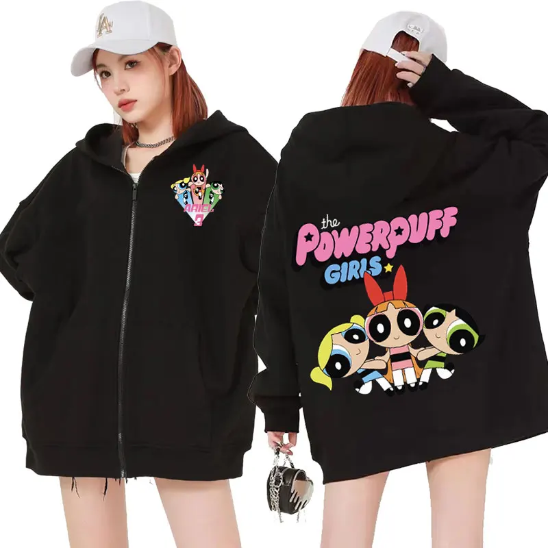 Cute Kawaii Powerpuff Girls Animation Cartoon Zip Up Felpe Con Cappuccio Uomo Fashion Vintage Zipper Hoodie Unisex Felpe Oversize Cappotto