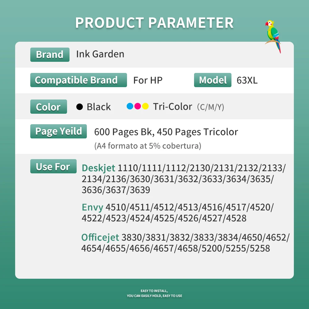 Ink Garden  63XL Cartridge Compatible For HP 63  Ink Cartridge Deskjet 2130 2131 3630 4250 5258 5264 5230 5232 5255 - 2
