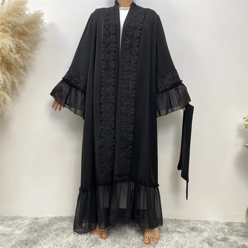 

Черная Цветочная вышивка открытая абайя Дубай турецкий кафтан мусульманский кардиган платья для женщин Кафтан мусульманская одежда для мусульманских женщин